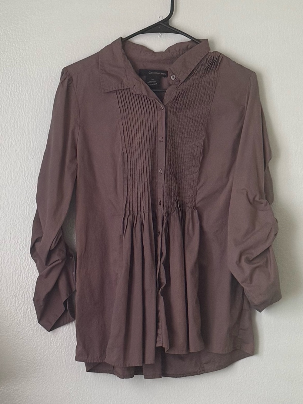 Calvin Klein Women’s Large Brown Pintuck Peplum Button Front Blouse